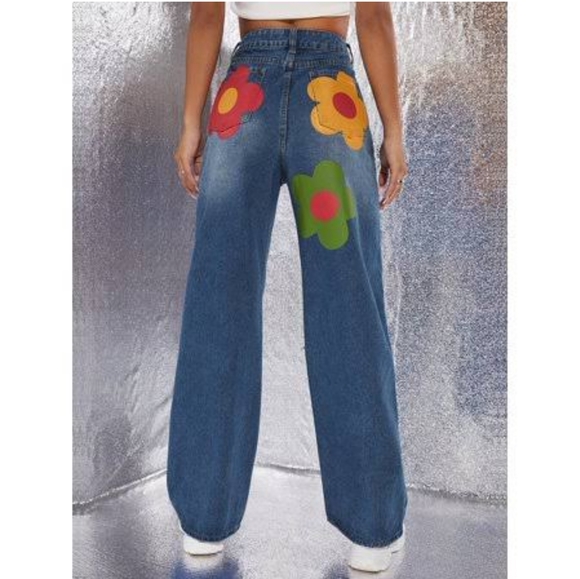SHEIN Denim - SHEIN Flower 70s Vintage Style Distressed Loose Baggy Fit Jeans